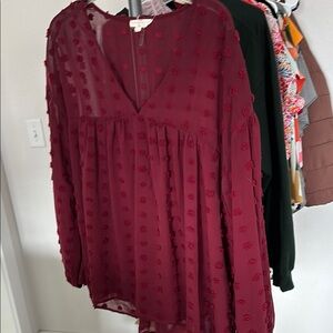 Burgundy Sheer Blouse with Textured Dots
